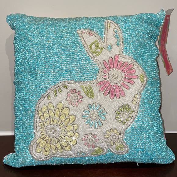 Blue beaded bunny Easter pillow - Picture 1 of 7